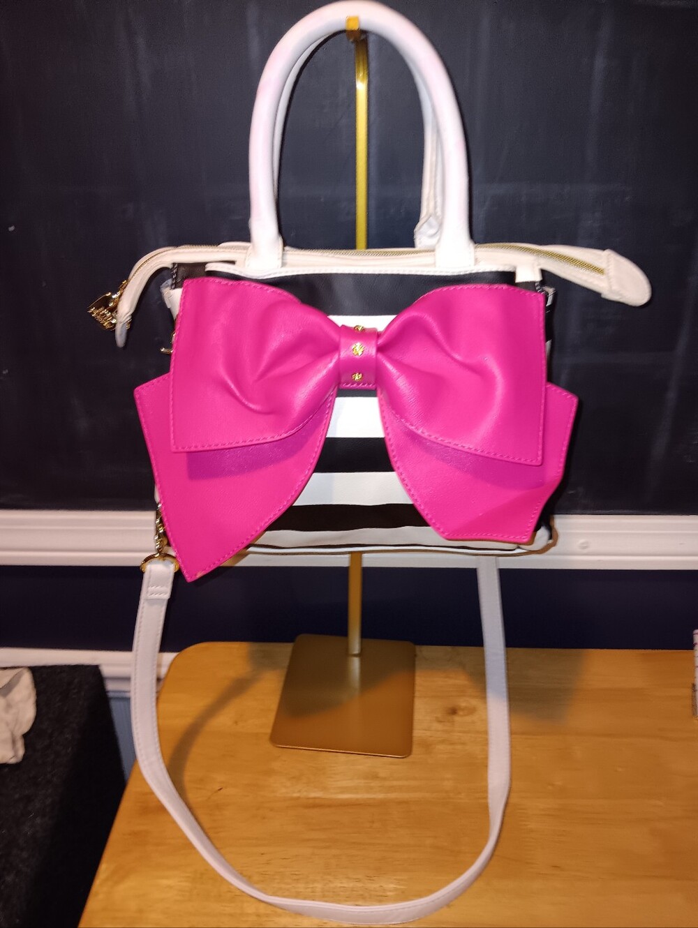 Betsey Johnson Striped Pink Bow Shoulder Bag